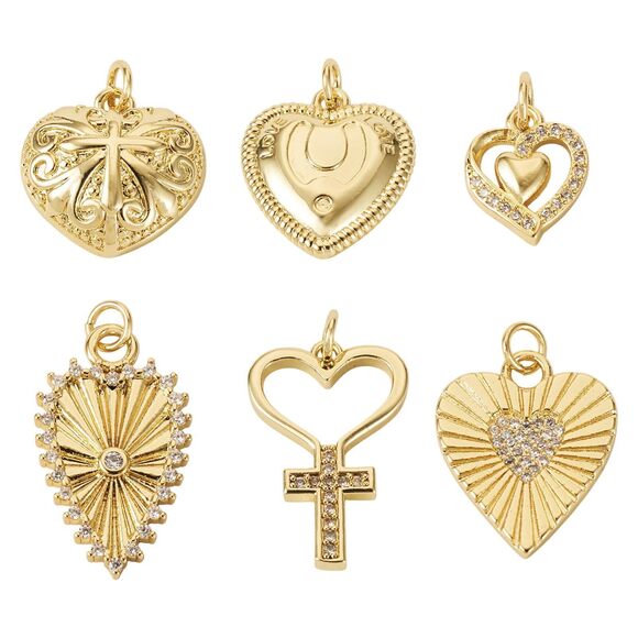Jewelry - 2310 6Pcs Cubic Zirconia Heart Charms 18K Gold Plated Brass Pendants Love